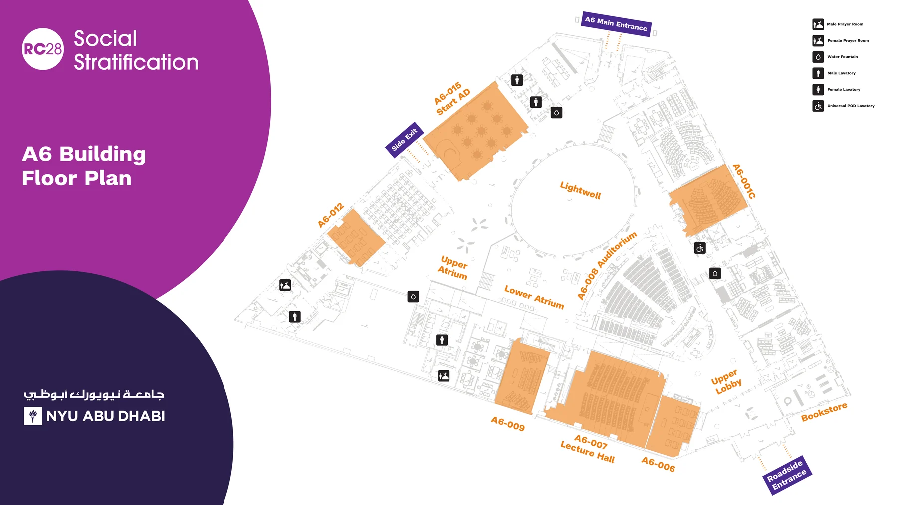 Floor plan of the A6 Conference Center, with the auditorium, the lecture hall and rooms A6-001C, A6-006, A6-009, A6-012 and A6-015 highlighted, and prayer rooms, lavatories and water fountains marked.
